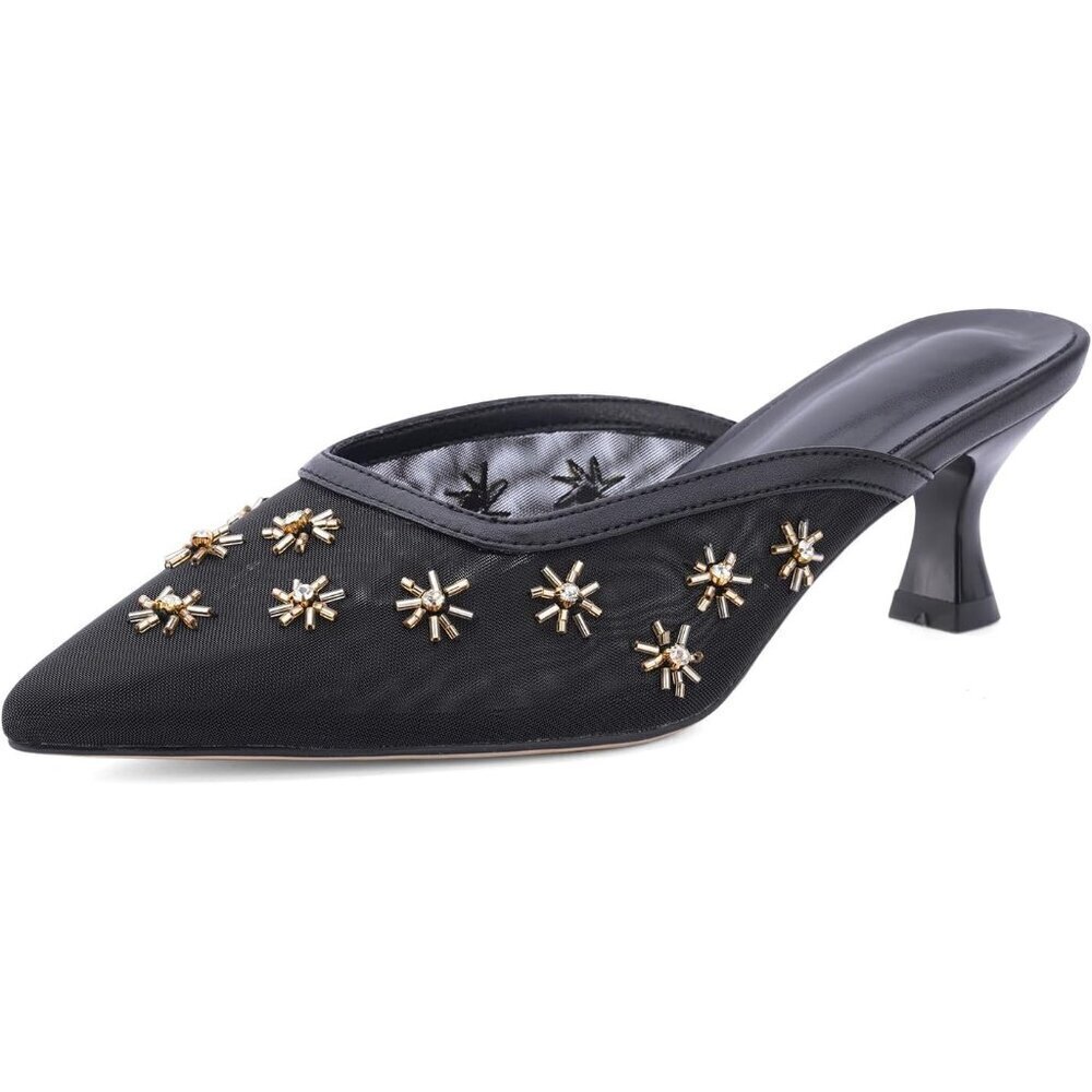 🆕Women Black Kitten Heel Mules Flower Decor Mesh Pointed Toe Low Heel Pumps